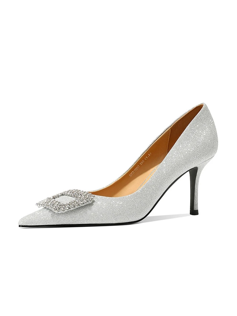 春季女士宴会银色百搭法式浅口单鞋时尚水钻扣细高跟时尚尖头婚鞋