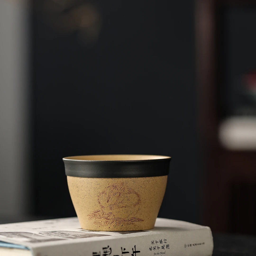 能吃是福杯 段泥 纯手工刻绘老鼠普洱杯主人杯 精品单杯实用150cc