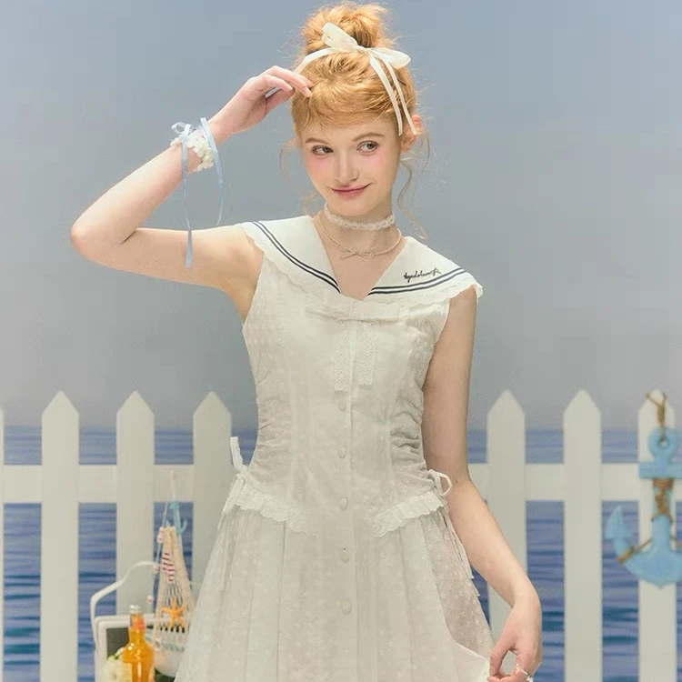 【梗豆物语】圣托里尼假日 水手领无袖小白裙