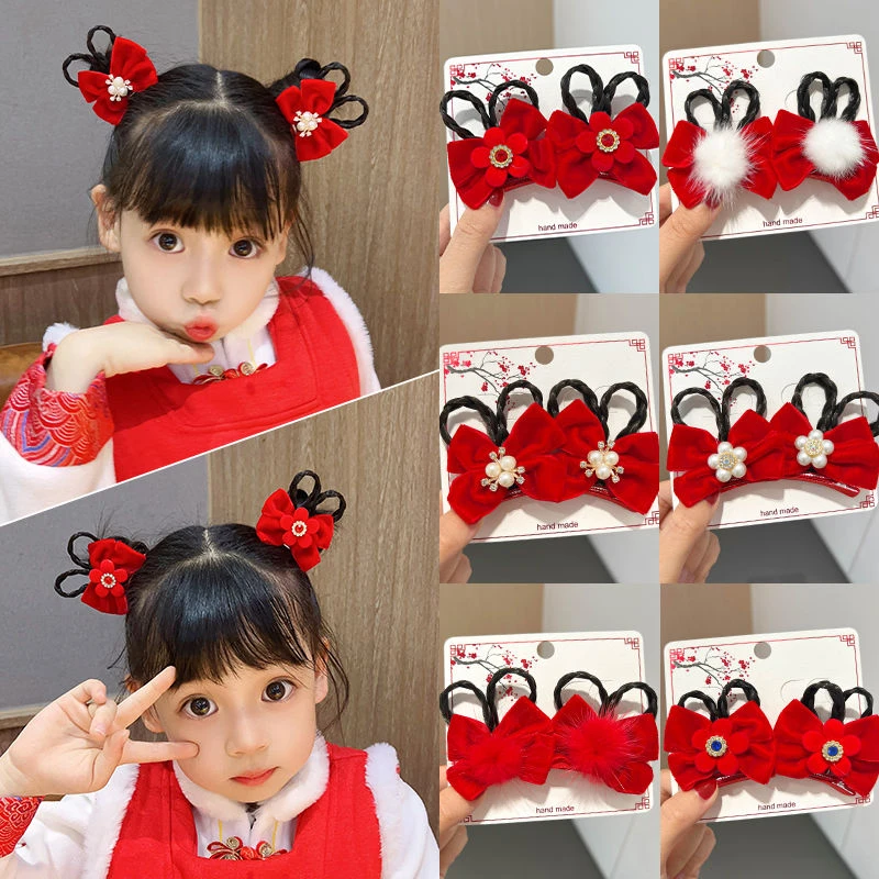 儿童发卡头饰小女孩头花可爱假发辫子表演蝴蝶结发夹新年过年发饰