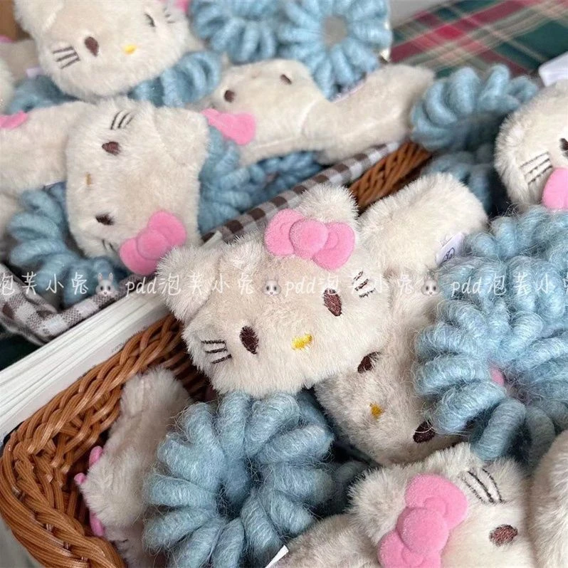 秋冬可爱少女心黑皮hellokitty毛绒电话发圈毛线头绳高弹弹力皮筋