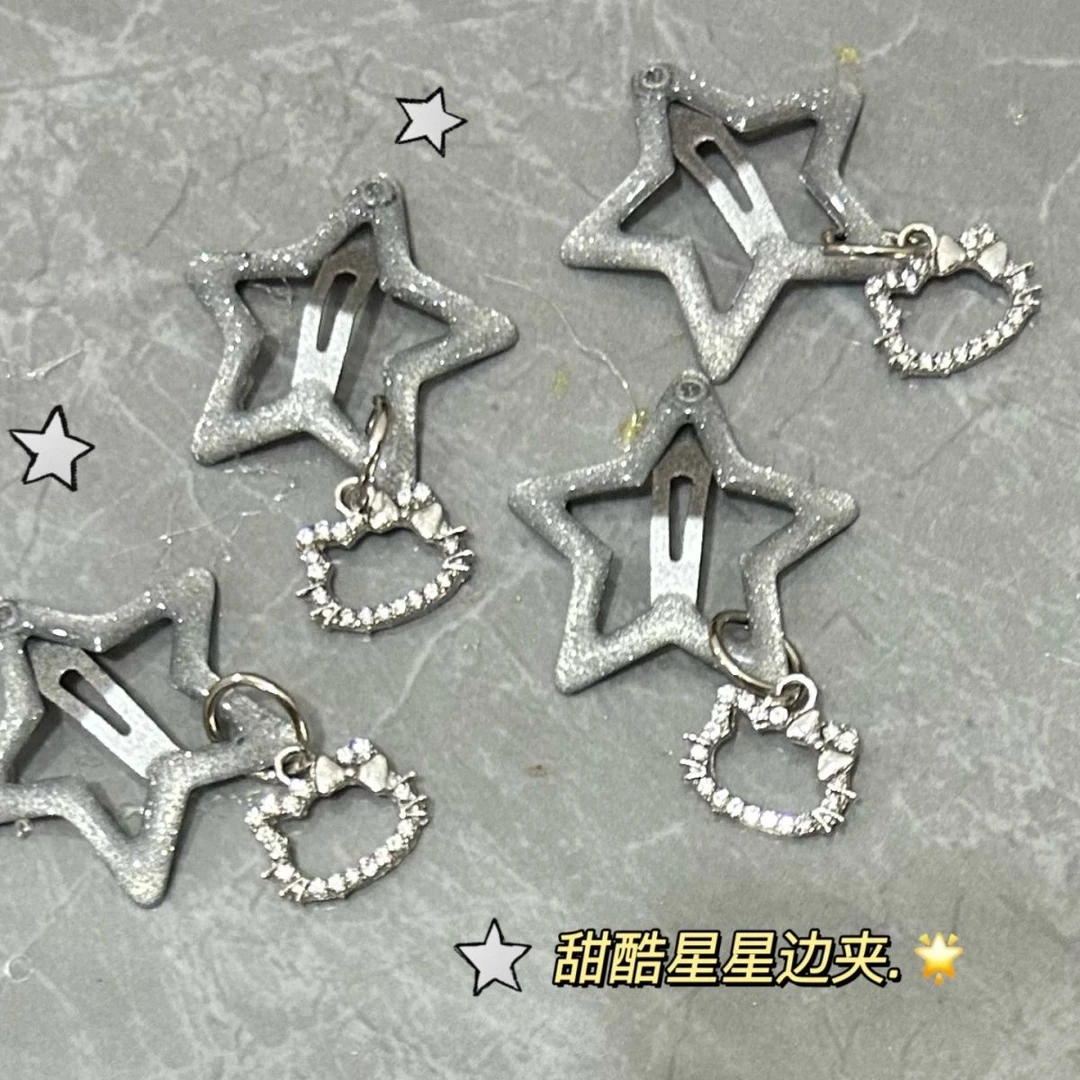吊坠钻小猫银色滴油星星bb夹少女心甜酷日系y2k发