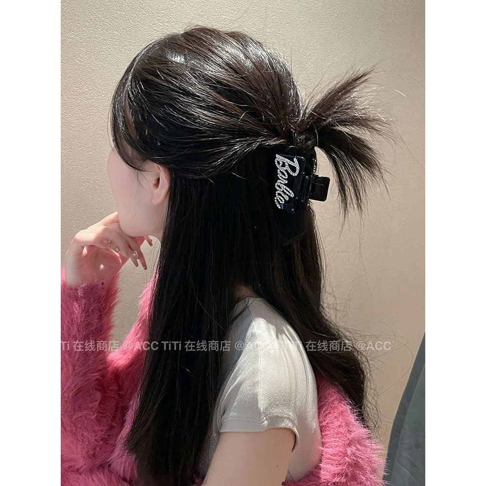 芭比风半扎系列~粉色字母黑色抓夹女半抓发鲨鱼夹