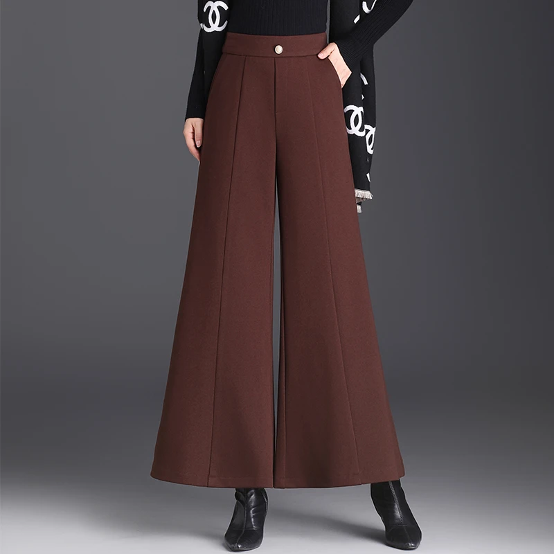 2024秋冬新款毛呢阔腿裤休闲垂感时尚高腰显瘦宽松微喇九分黑色