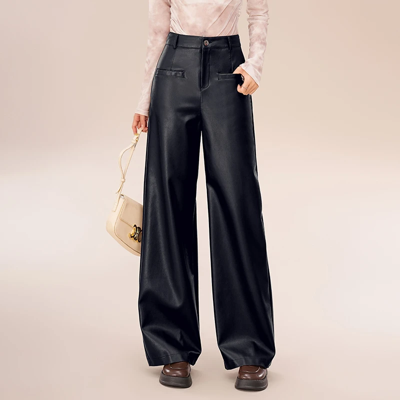 阔腿裤女2024秋冬高腰加厚宽松大脚直筒裤百搭洋气外穿pu皮休闲裤