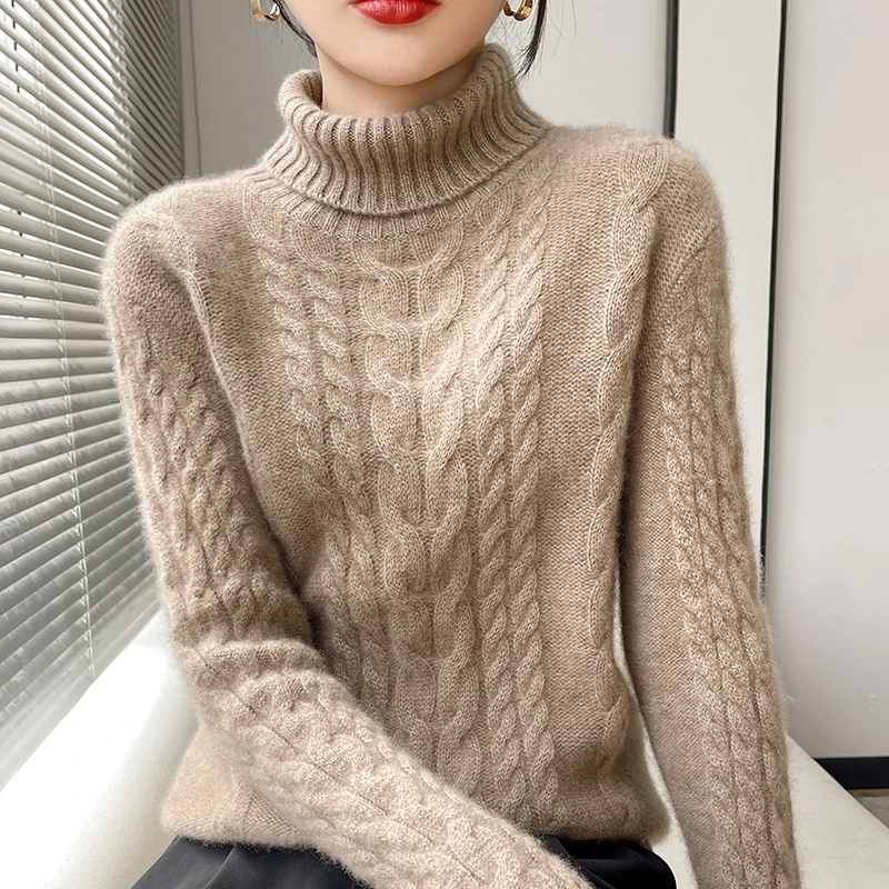 怒推！加厚100纯羊毛衫女高翻领麻花显瘦宽松内搭秋冬新款毛衣