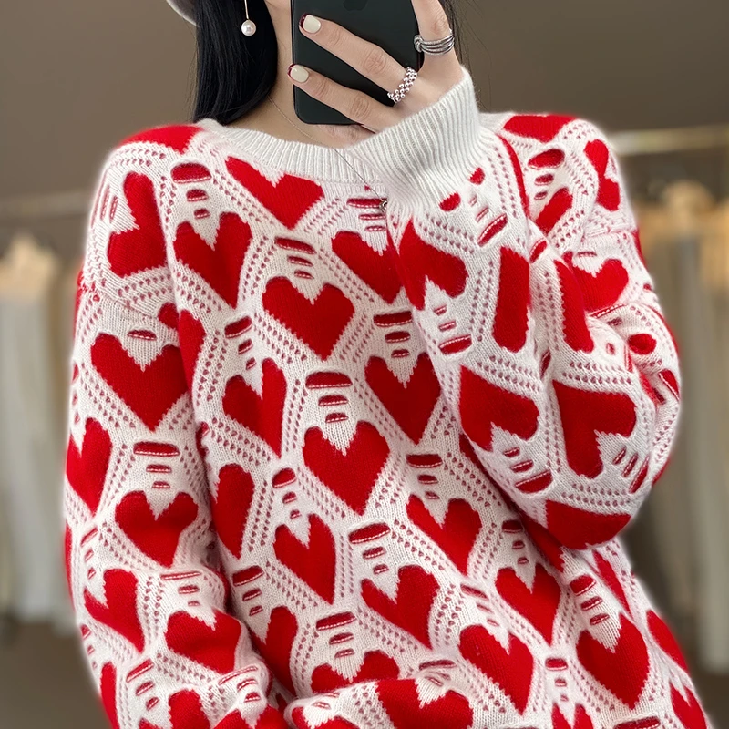 复古时髦！！重磅加厚 100羊毛针织衫 爱心编织提花宽松羊毛衫