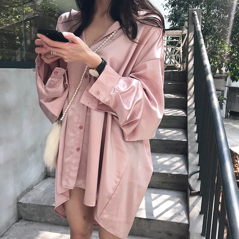 睡衣式缎面衬衫女春秋季网红新款时尚宽松中长款大码休闲长袖衬衣