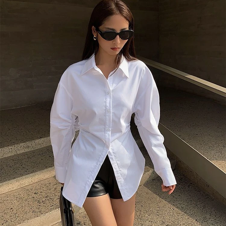 美式掐腰修身显瘦白色衬衫女春秋季气质韩版设计感小众打底白衬衣