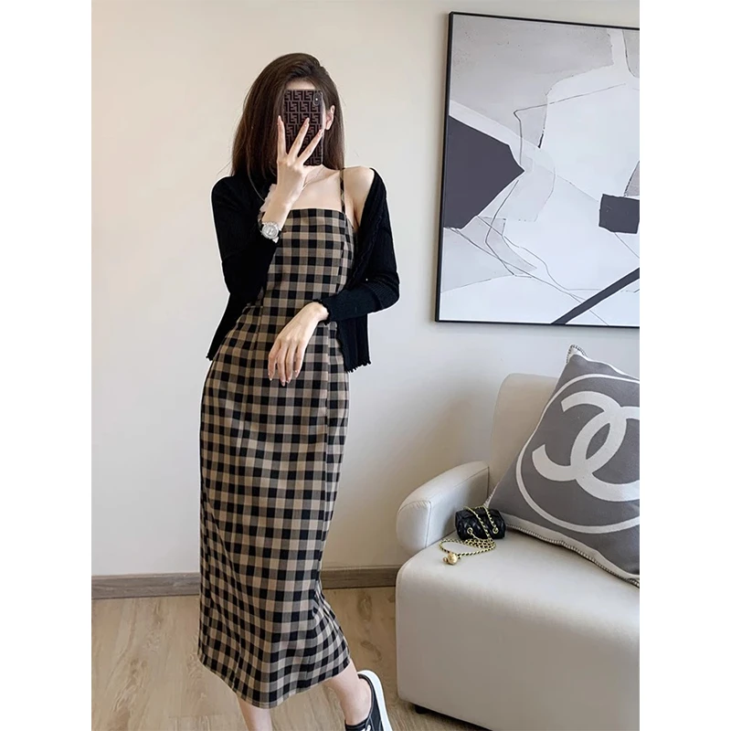 2025秋季法式复古格子吊带裙连衣裙女显瘦气质高级感内搭打底裙子