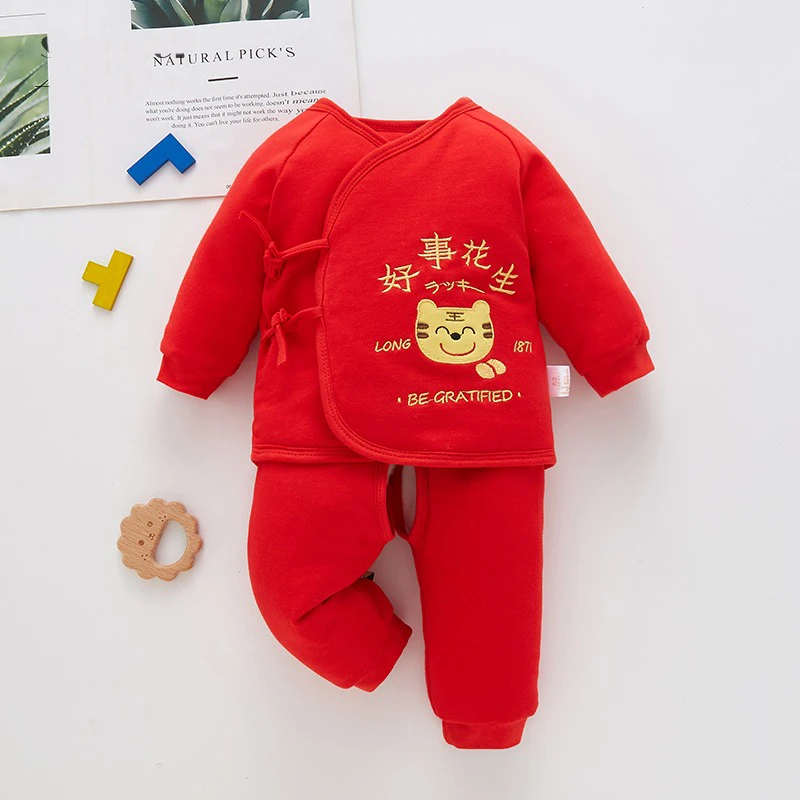 宝宝棉服秋冬纯棉新生儿保暖衣套装夹薄棉加厚棉衣初生红色拜年服