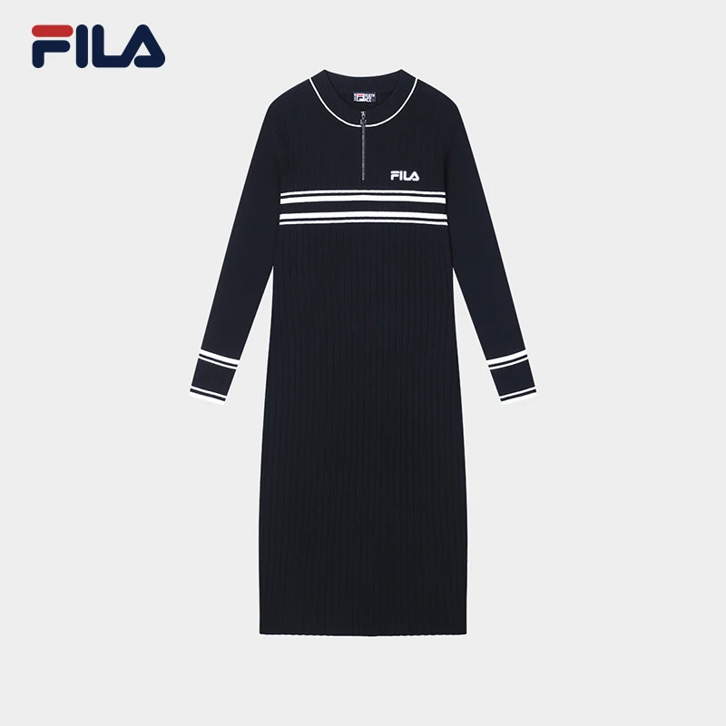 FILA/斐乐【优雅气质针织显瘦】女装透气休闲长袖连衣裙F51W448301A
