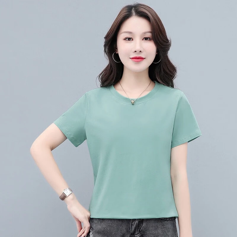 短袖T恤女夏季清凉100%纯棉修身圆领短袖T恤女糖果色百搭纯色