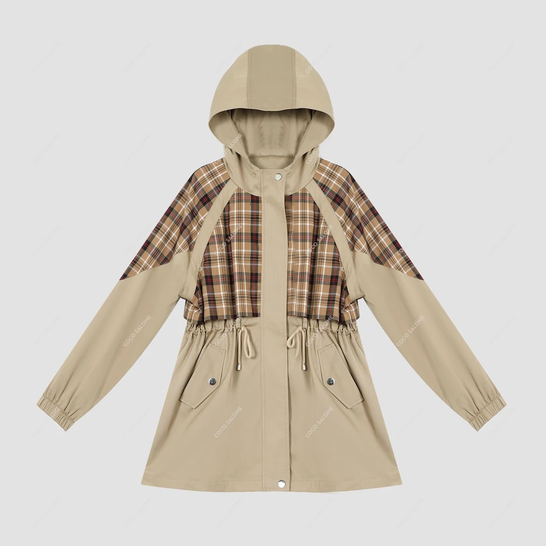 安安推荐【北风格】拼接格子抽绳收腰格纹连帽外套BL-WTW31638N