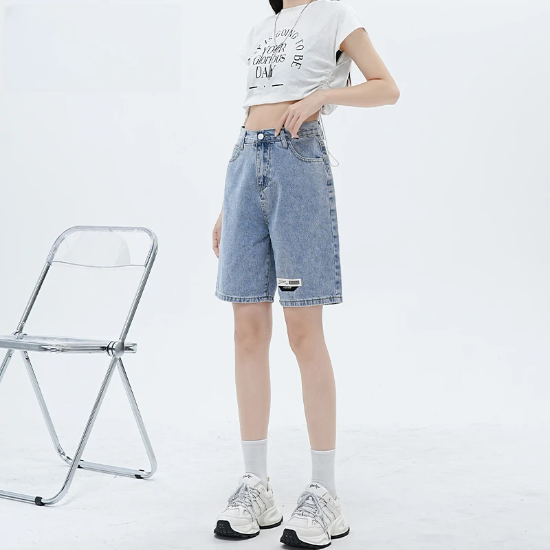 拉夏贝尔浅蓝色五分牛仔短裤女款时尚百搭洋气款高腰外穿直筒中裤