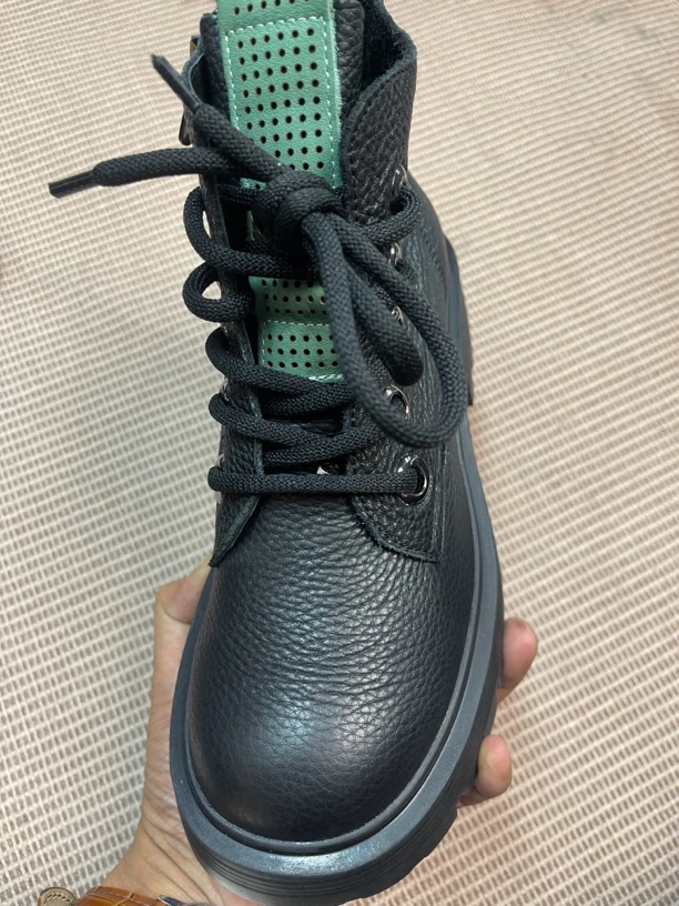 头层牛皮马丁靴短靴中筒大鞋眼系带粗跟女鞋