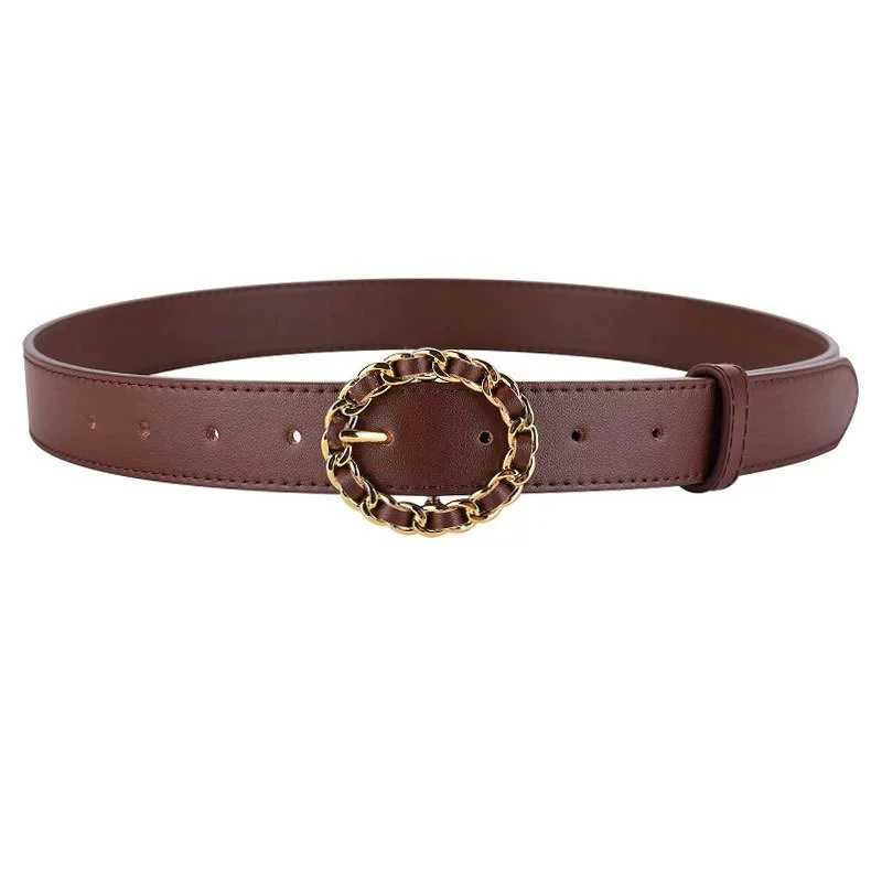 女士真皮腰带时尚圆针扣编织皮带女复古优雅成人配裤子宽腰带女士