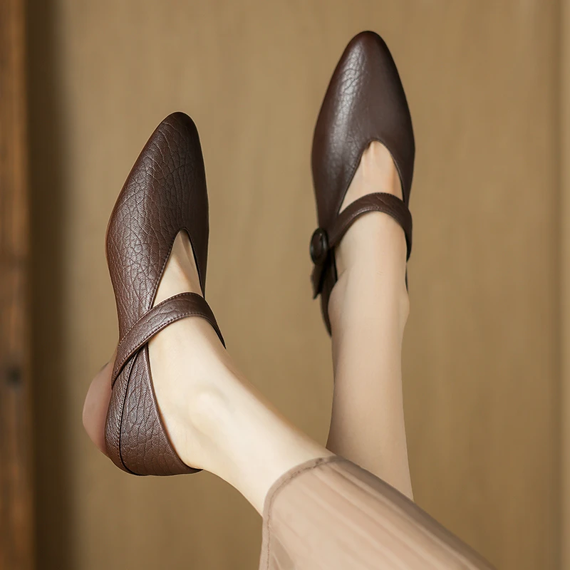 羊皮/跟高4.5cm春秋新款单鞋女尖头粗跟简约复古一字带奶奶鞋