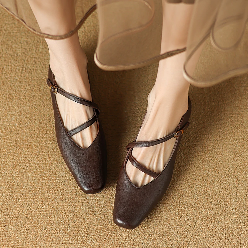 羊皮/跟高4cm秋季新款单鞋女方头粗跟交叉带复古百搭
