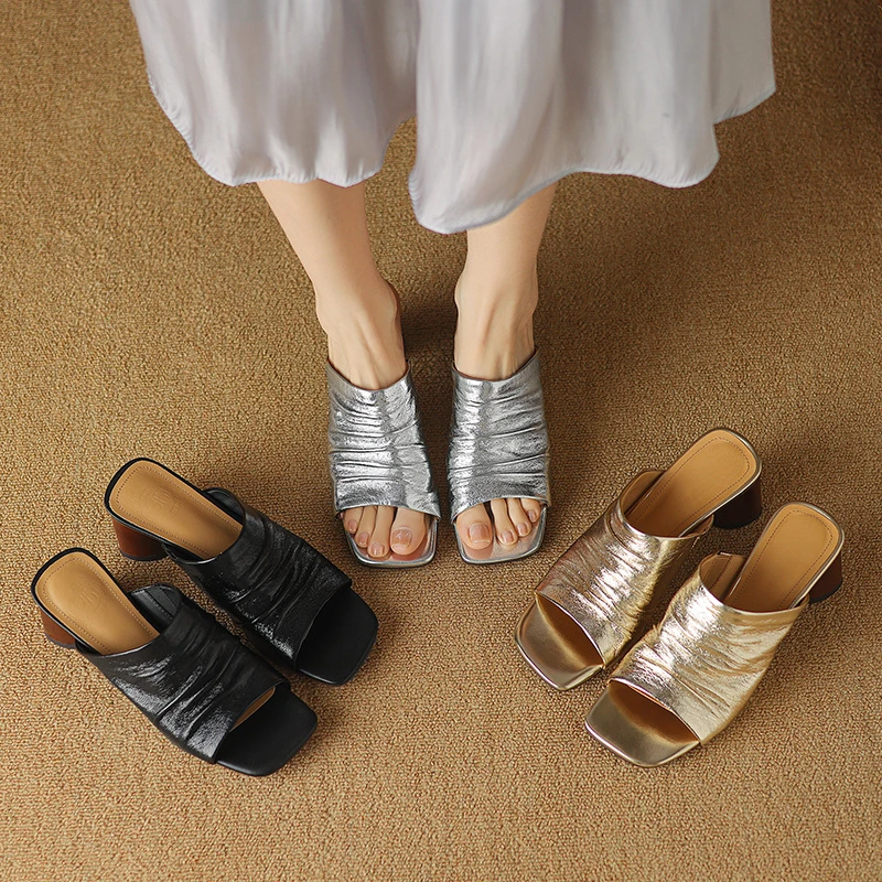 羊皮/跟高6cm新款夏季凉拖鞋女粗跟方头洋气高级气质