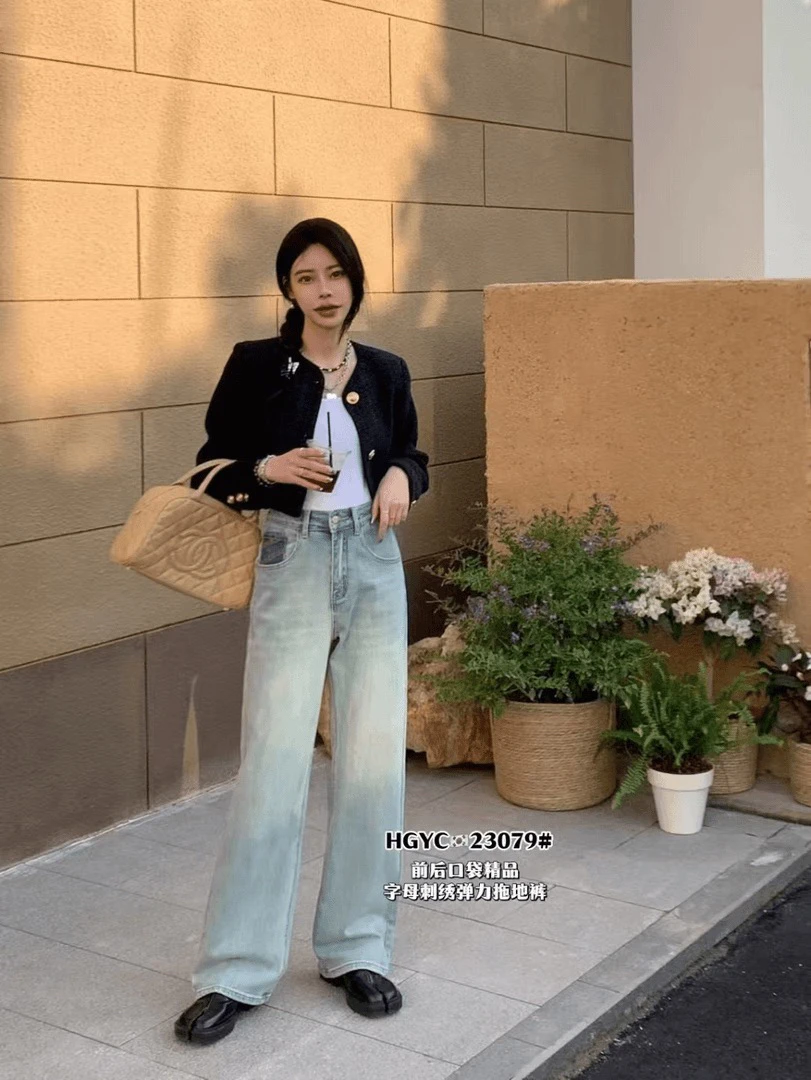 23079窄版牛仔阔腿裤显瘦高腰直筒百搭设计感韩版休闲字母刺绣