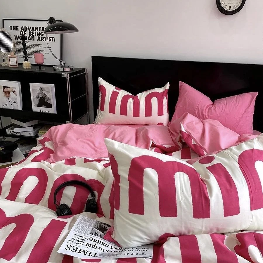 ins网红床单四件套北欧轻风轻奢粉色字母被套三件套公寓宿舍床品