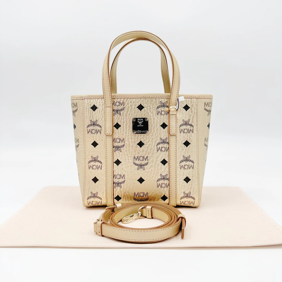 99新 MCM MCM PORTUNA 经典印花香槟金菜篮子手提斜跨包