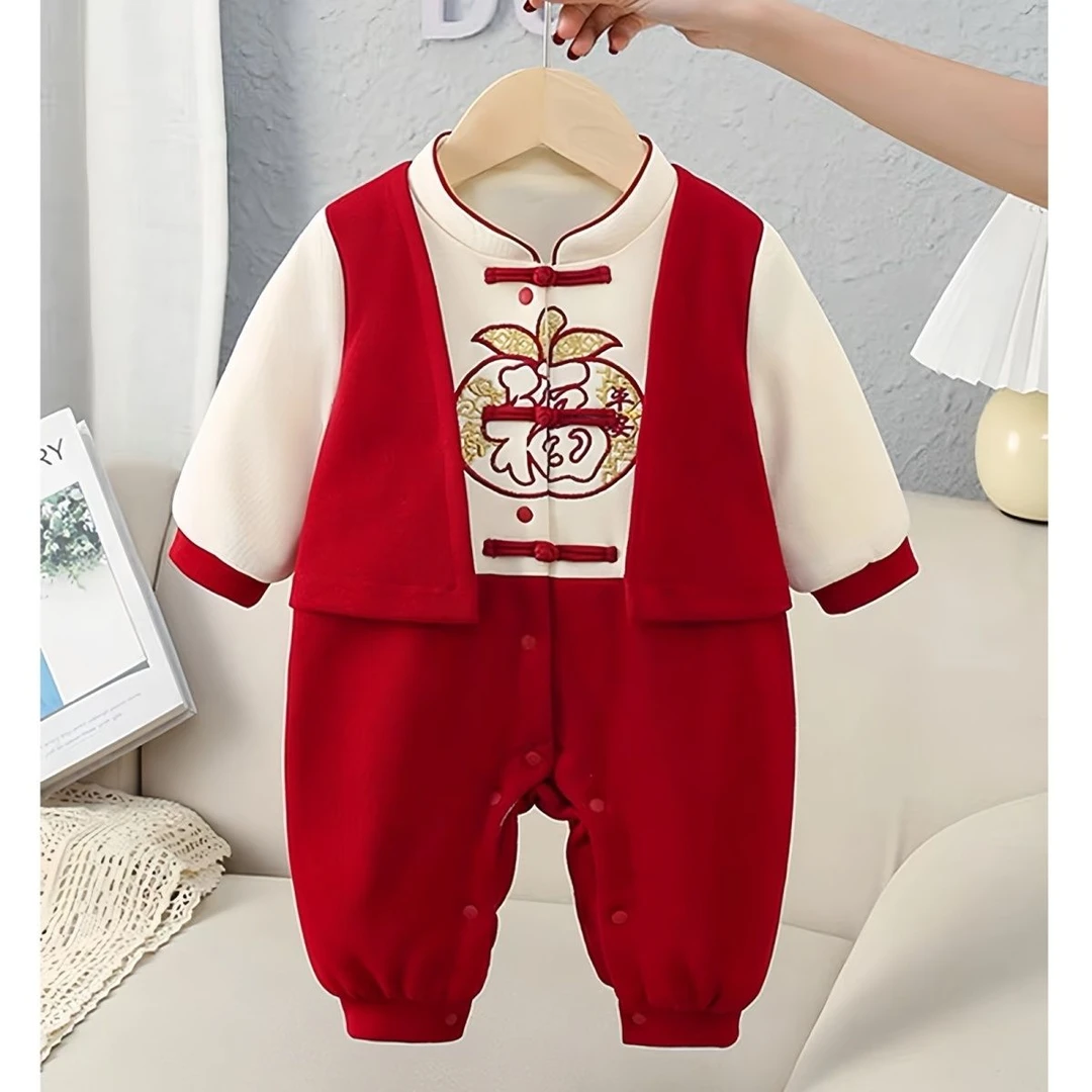 婴儿加绒连体衣国风百天婴幼儿衣服秋冬装周岁宝宝年服哈衣喜庆