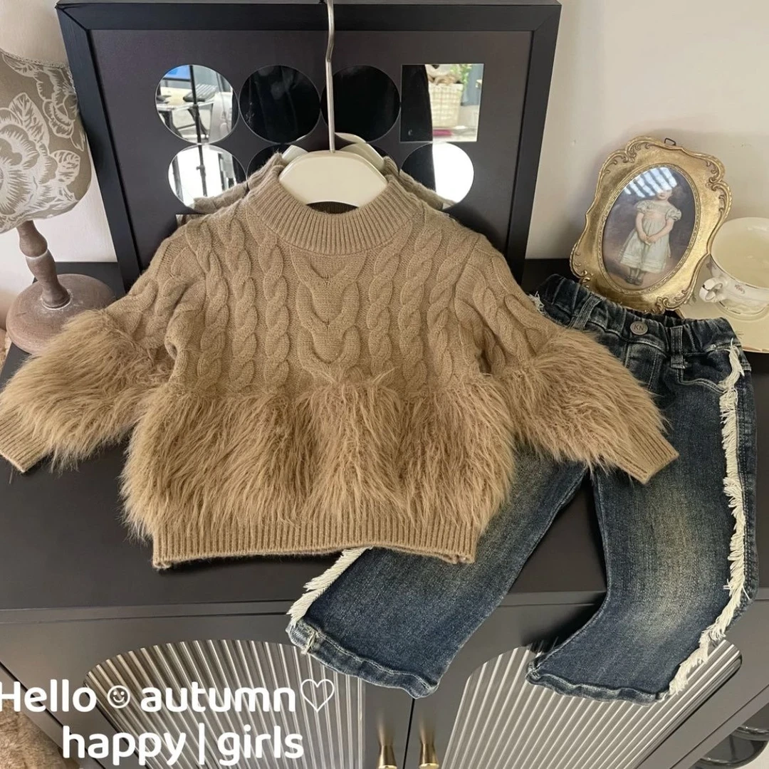 女童2023秋冬最新款时髦网红女宝宝毛衣加绒牛仔裤套装洋气女娃潮
