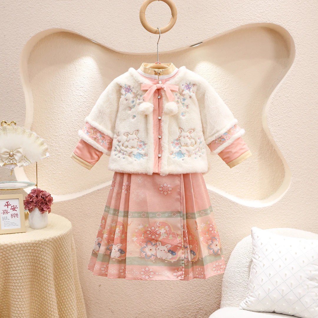 女童冬款加绒面裙中国风儿童汉服两件套女宝加厚拜年服国潮套装