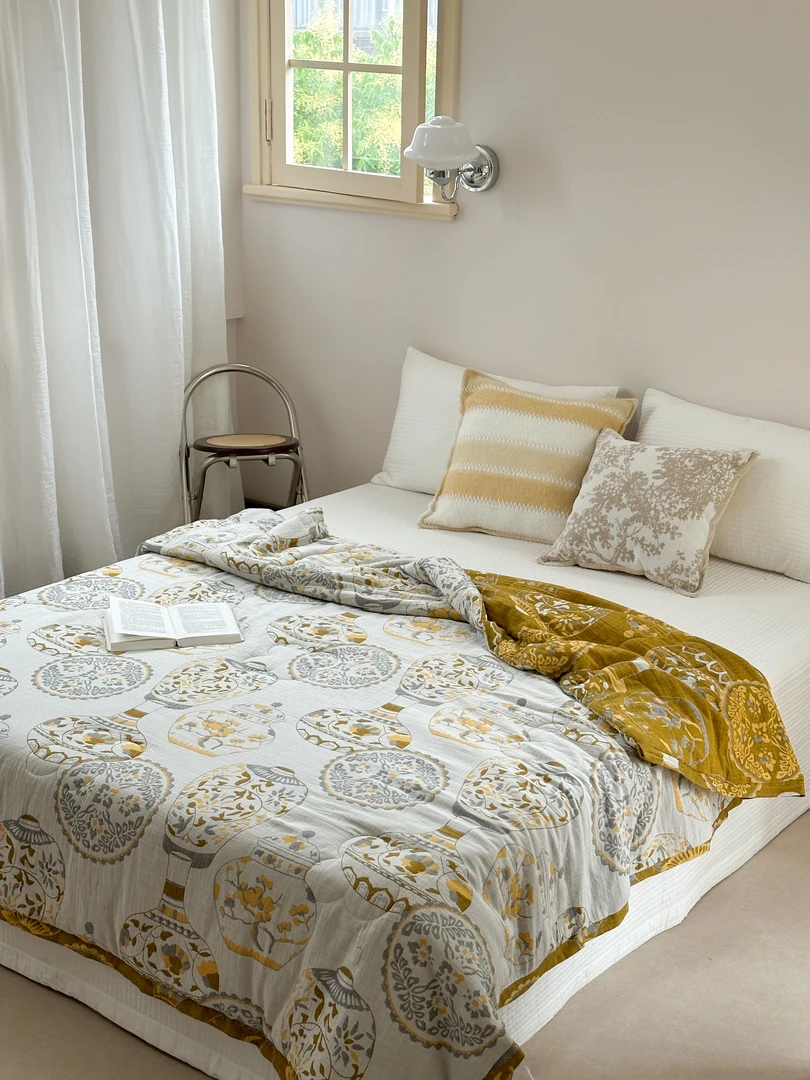 【京かわ会社】李官奇双层纱柔彩大豆被200*230cm 青花瓷黄