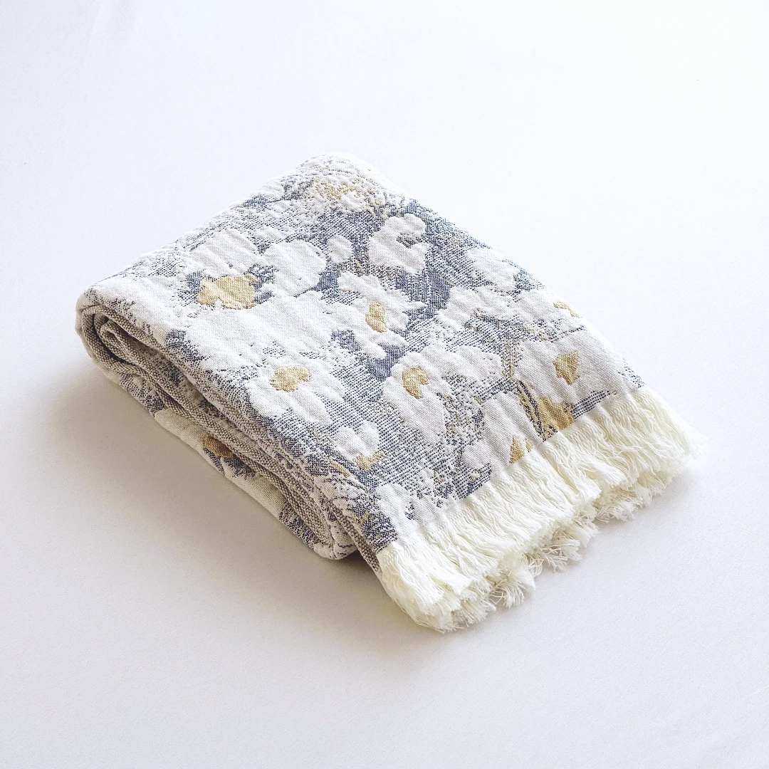 【京かわ会社】纯棉纱布编织流苏款大浴巾 午睡毯75*160cm 云朵朵-灰