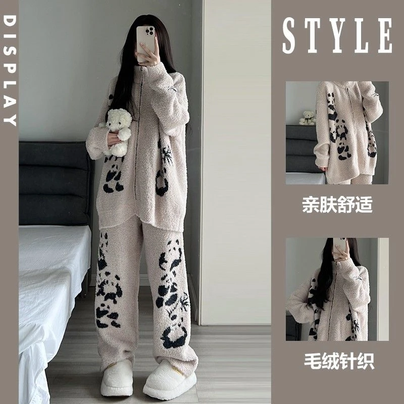 少女可爱熊猫半边绒睡衣女加绒加厚冬季毛绒针织家居服套装可外穿