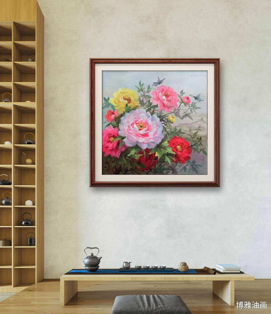 许碧欣《花开富贵》带框100*100纯手绘原创牡丹卧室茶室油画合集