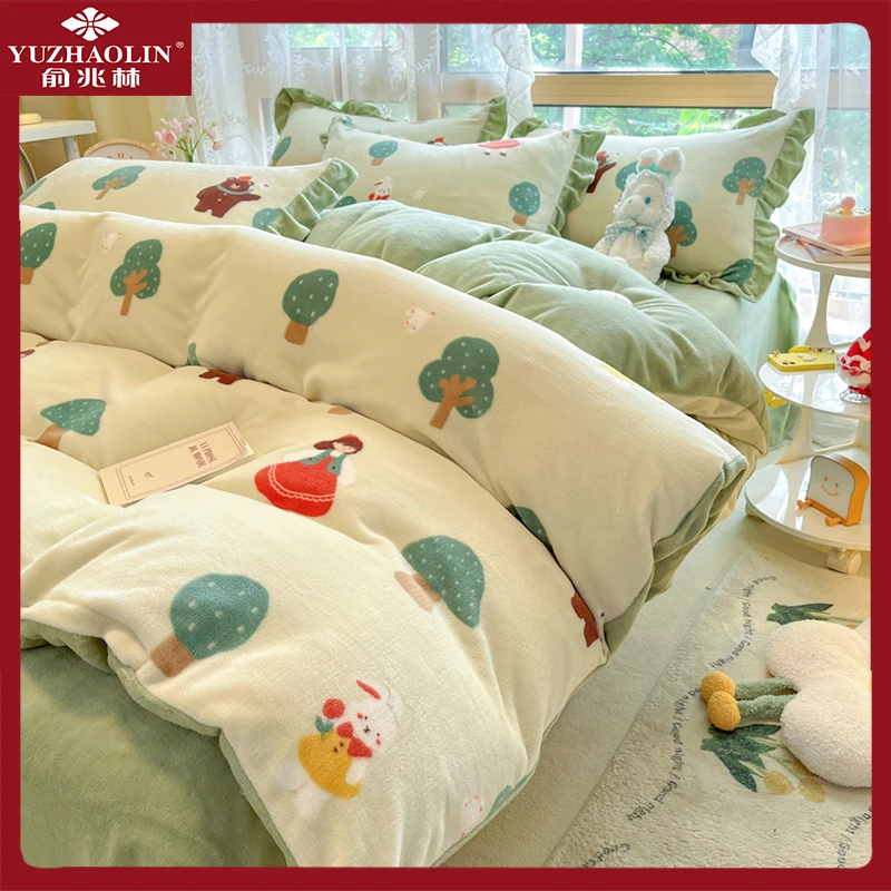 俞兆林加厚牛奶绒四件套小清新卡通保暖床单被套双面加绒冬季床品