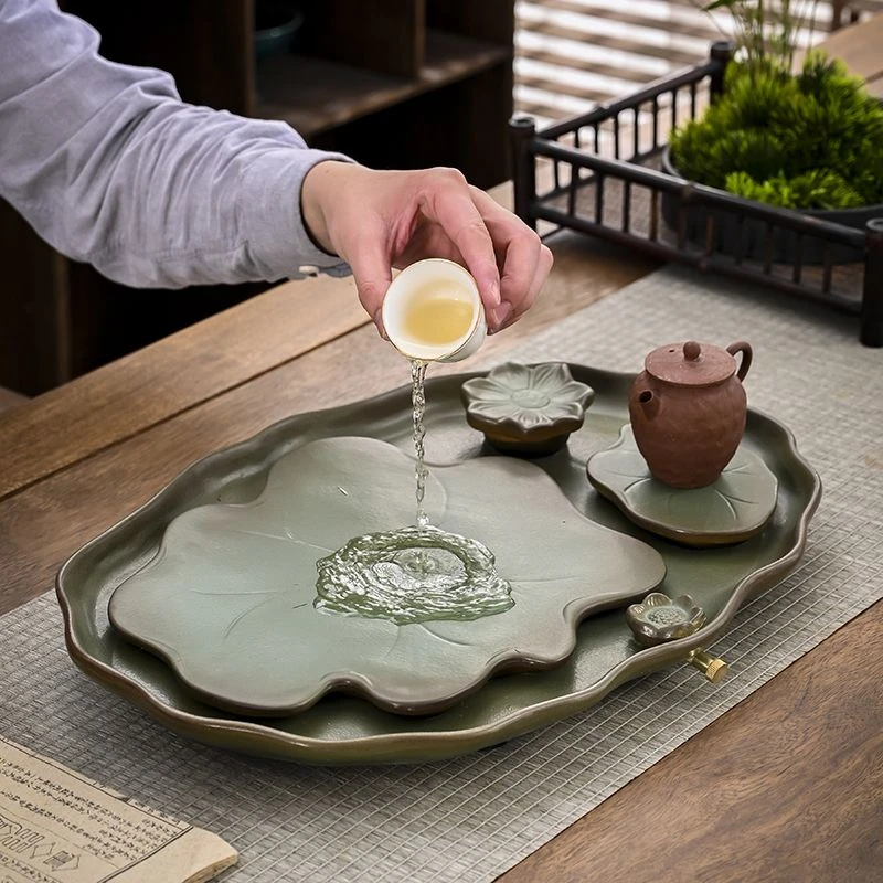 都珍美复古家用圆形粗陶陶瓷干泡台茶盘小型茶台茶托盘简约储水式