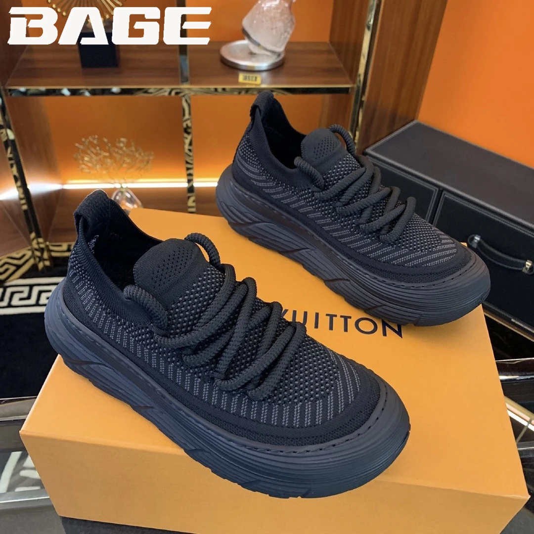 八哥男鞋秋季透气2025新款纯黑色运动跑步鞋休闲网面网鞋厚底潮鞋