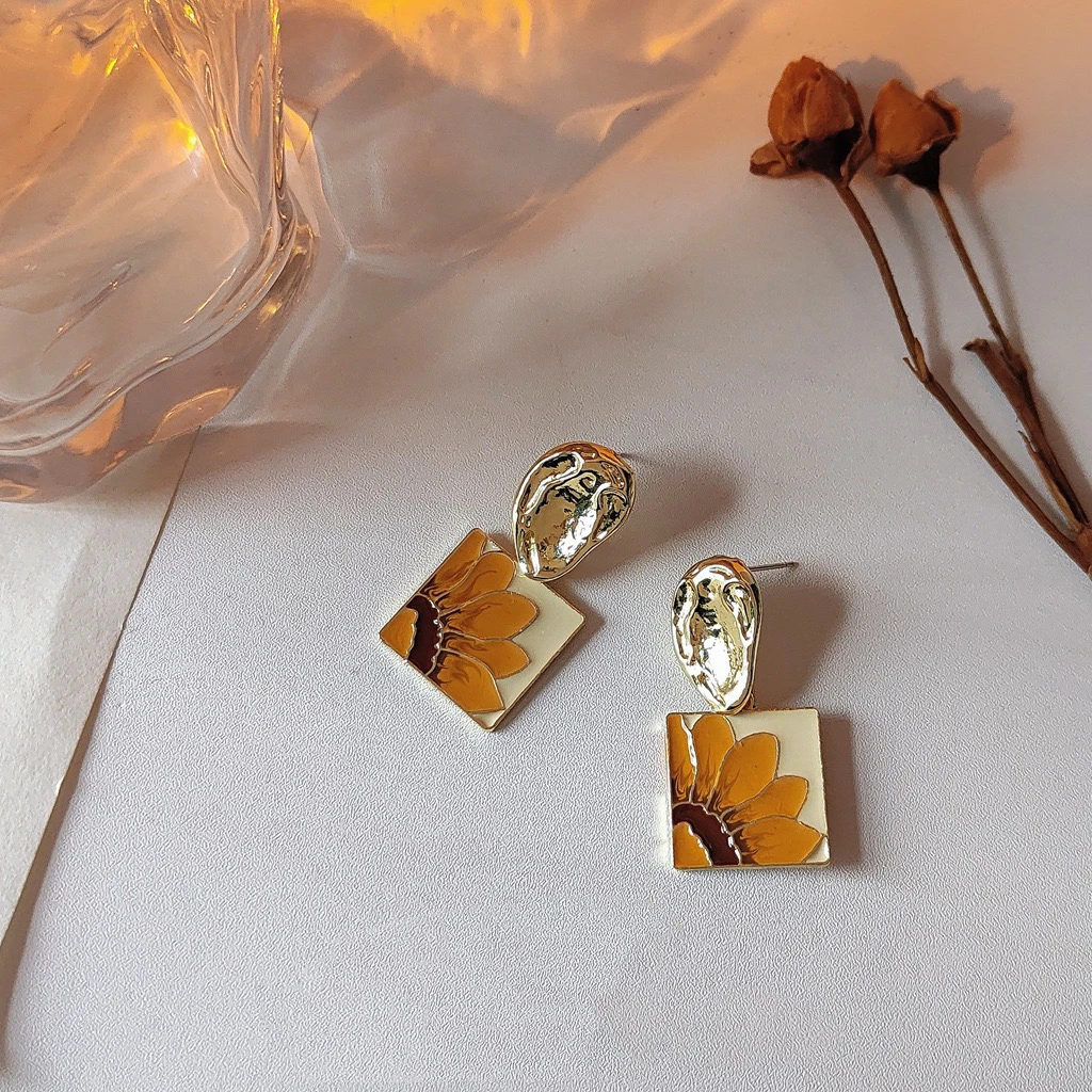 合金耳饰 向日葵方形滴釉花朵耳环女新款复古手作设计耳钉耳饰