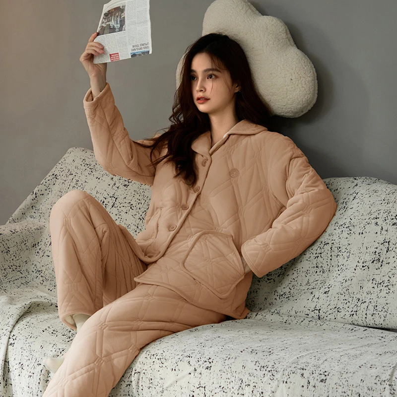 查理夫人【情诗】暖咖色女款三层加棉2024冬季新款家居服睡衣套装