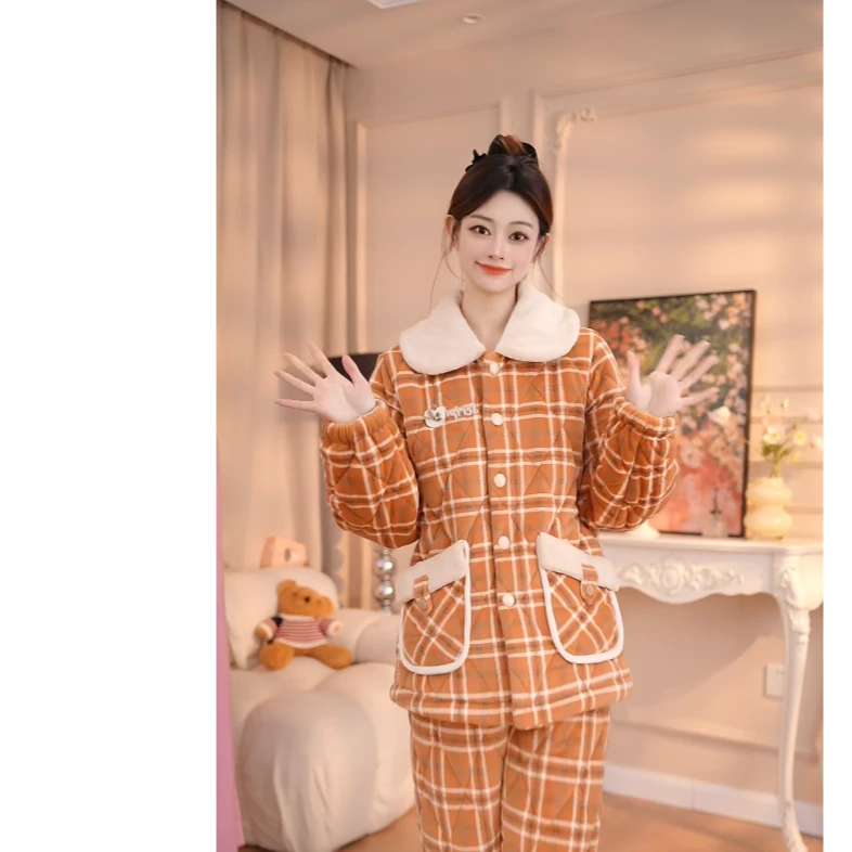 查理夫人【秋日】甜美格纹加绒保暖睡衣套装女士秋冬季家居服