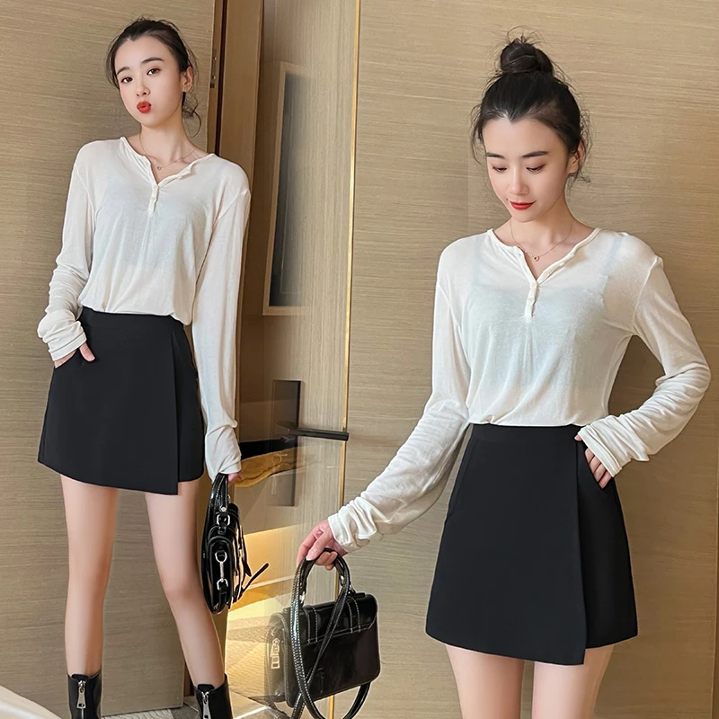 春秋高腰修身裤裙显瘦气质时尚小个子百搭打底黑色春夏不规则A字