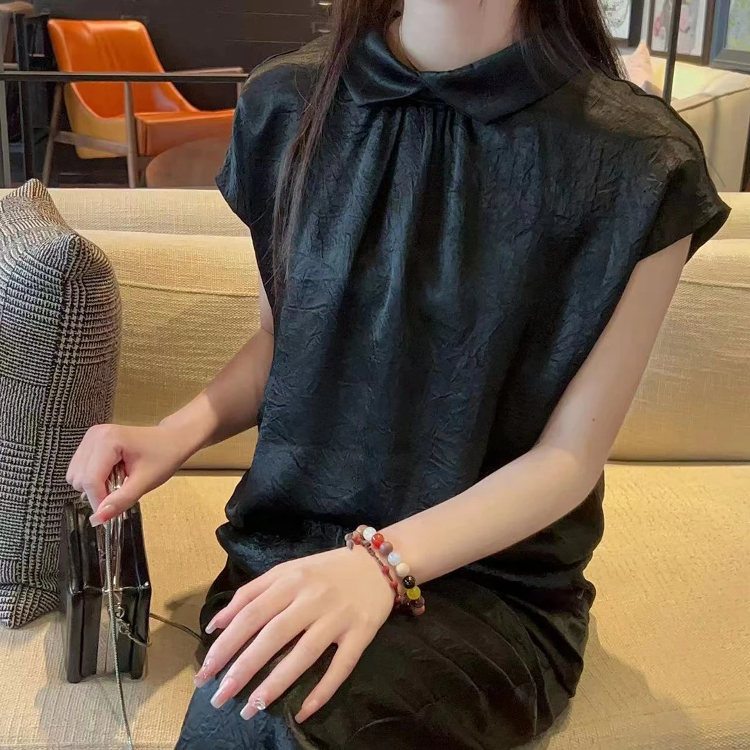 醋酸上衣蝙蝠袖两面穿气质时尚百搭夏季黑色无袖洋气娃娃领显瘦