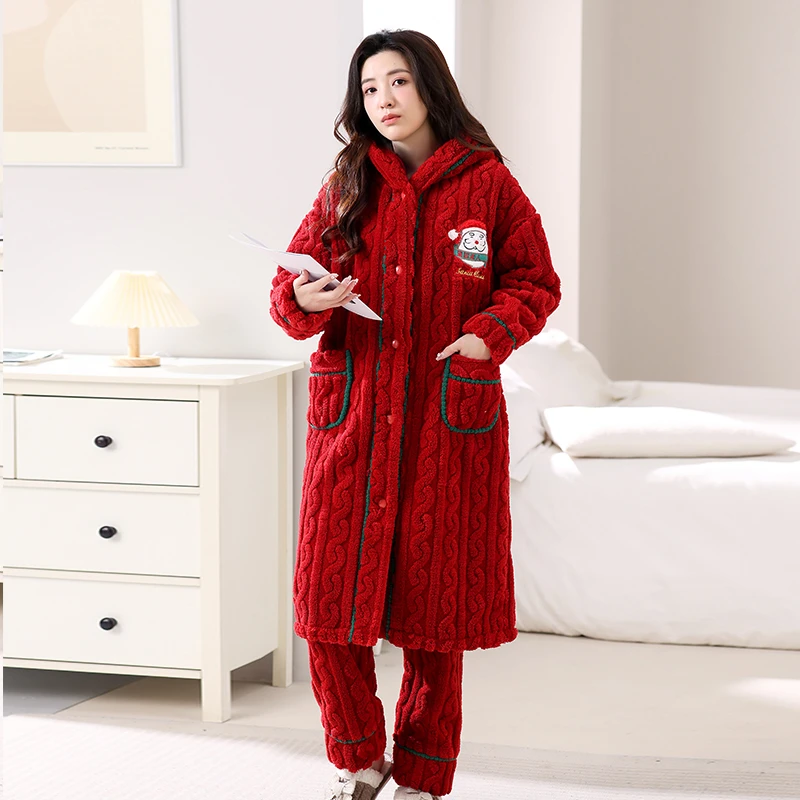 新款双层加厚复合法兰绒女士可外穿保暖圣诞款家居服大码套装睡衣