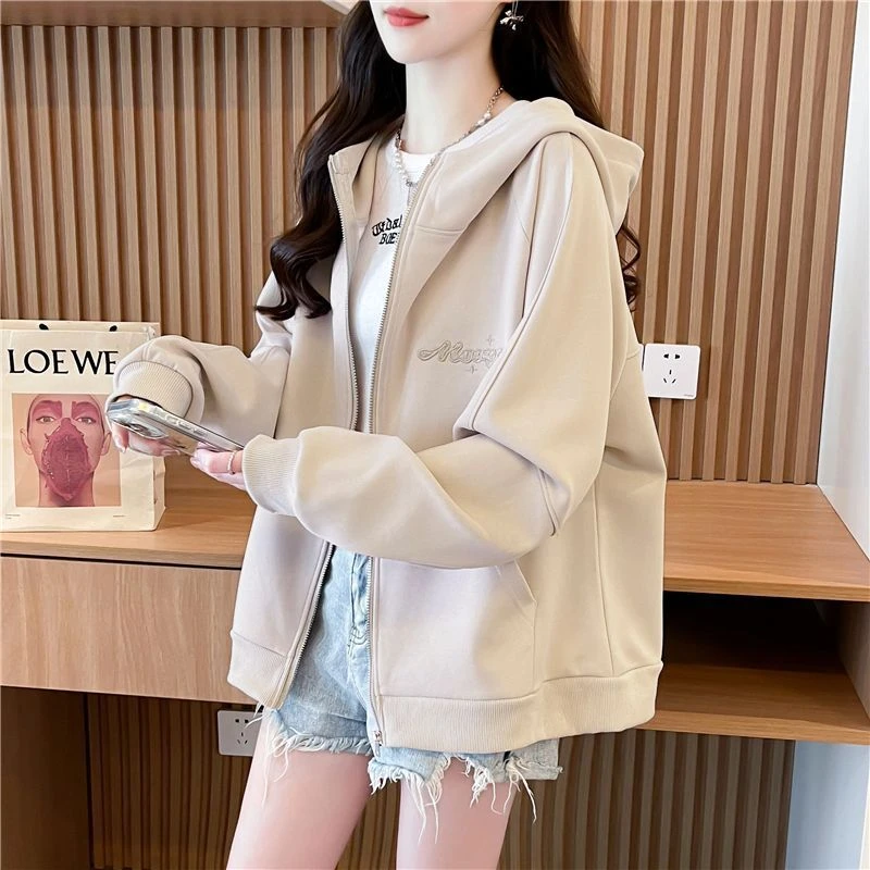 洋气减龄连帽薄款开衫卫衣女春秋新款韩版宽松百搭刺绣上衣外套潮