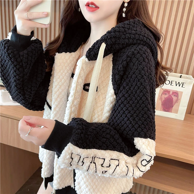 洋气撞色羊羔绒连帽卫衣女秋冬季加绒保暖韩版宽松小个子开衫外套