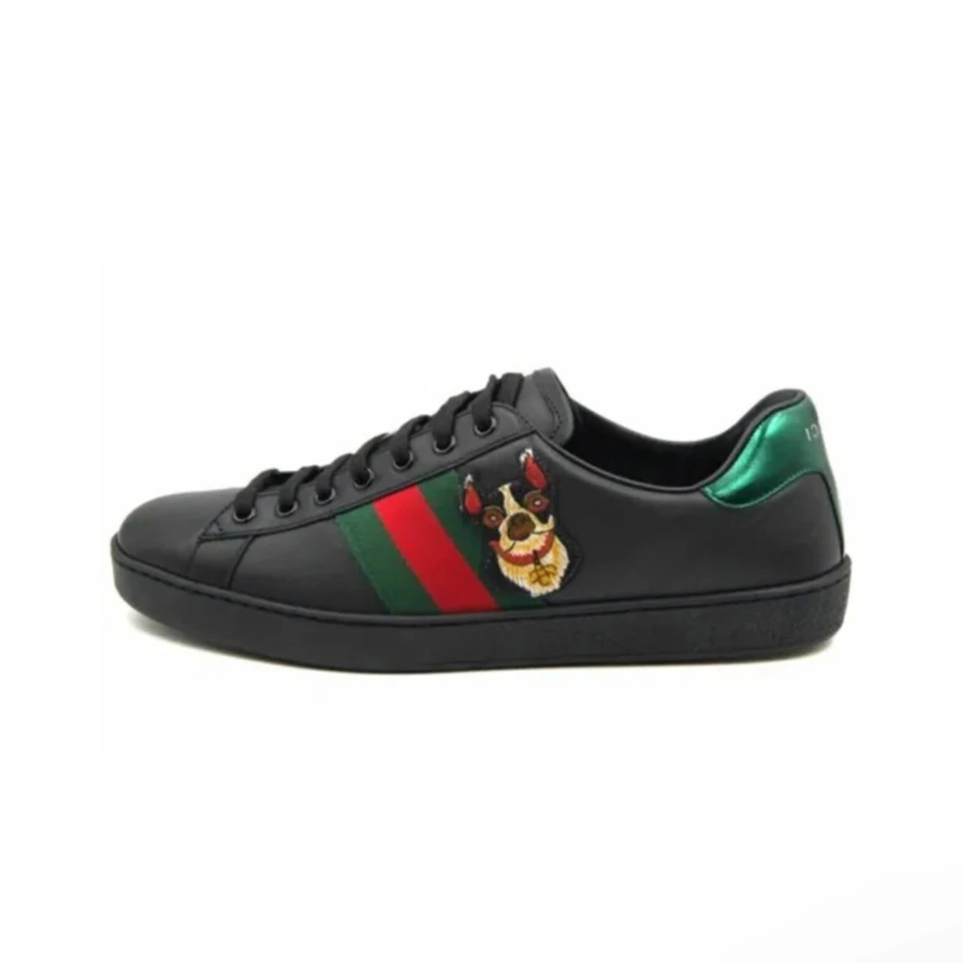 全新未使用 GUCCI/古驰 男款黑色法斗经典刺绣低帮板鞋