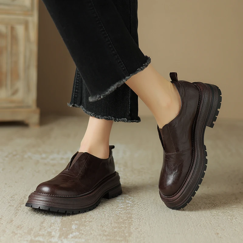 头层羊皮 4.5cm跟 专柜新款户外运动设计感弹力V口厚底乐福鞋百搭