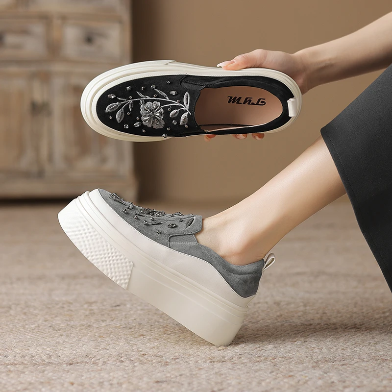 羊皮7cm跟内增高全皮新款手工刺绣百搭真皮小个子厚底单鞋透气款