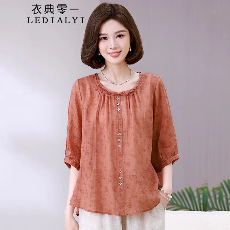 纯苎麻碎花衬衫女2025夏季新款时尚高端休闲宽松妈妈小衫短袖上衣