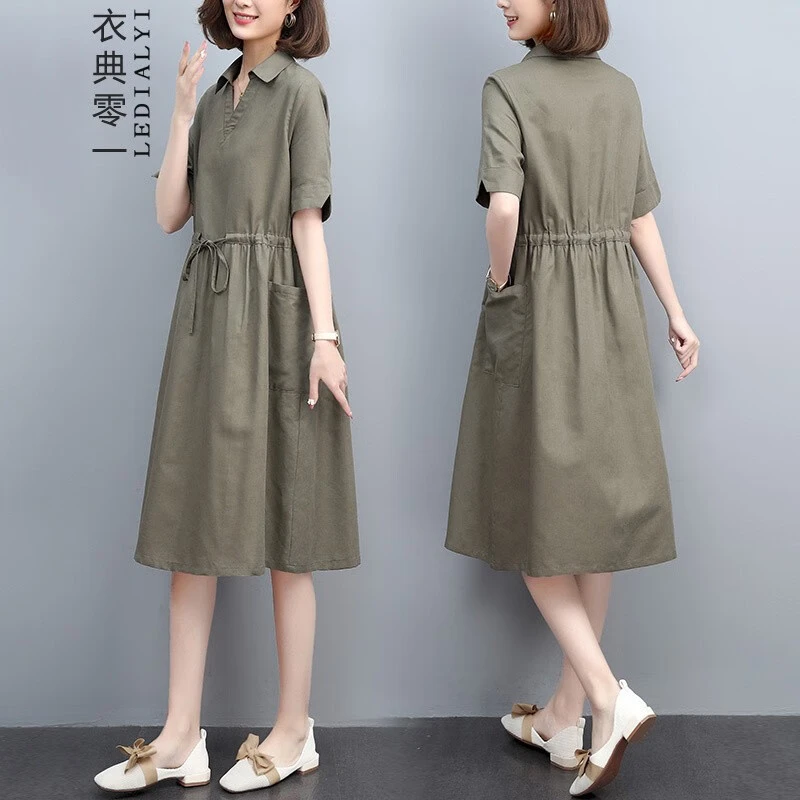 棉麻连衣裙2025夏季女装新款中年休闲遮肚子显瘦亚麻衬衫裙子夏天